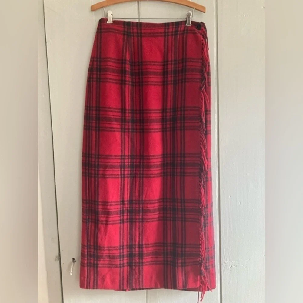 Cambridge County Red Plaid Wrap Skirt Fringe Wool Blend Maxi Midi Size 12 New